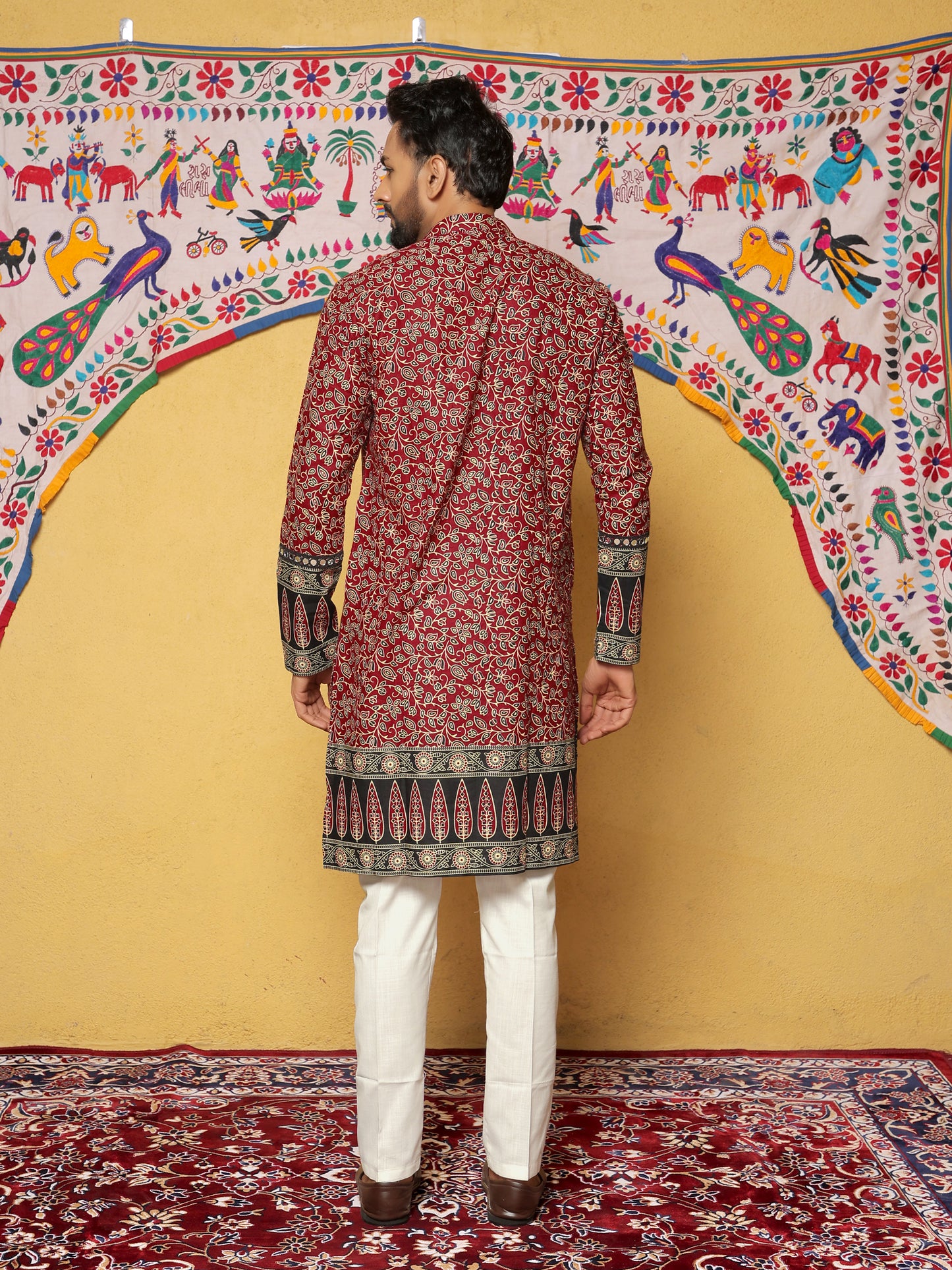 Maroon Block Printed Kurta with Contrasting Border