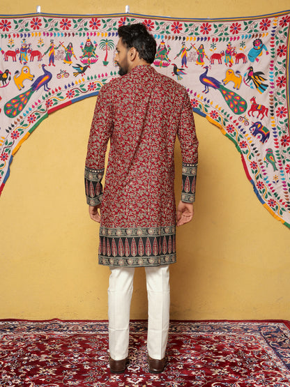 Maroon Block Printed Kurta with Contrasting Border