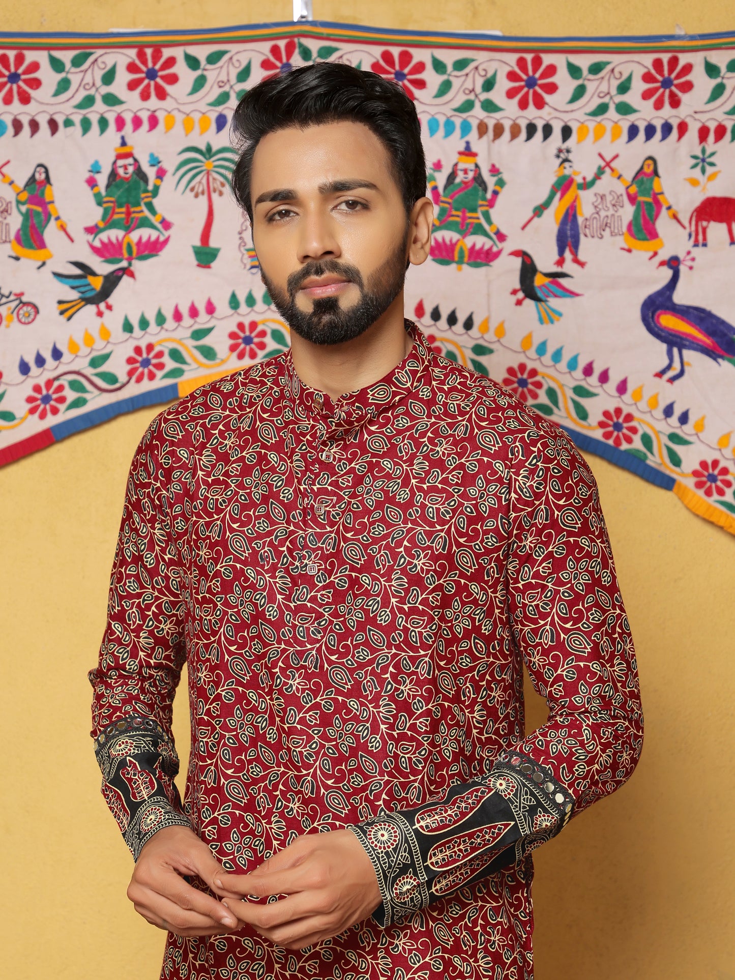 Maroon Block Printed Kurta with Contrasting Border