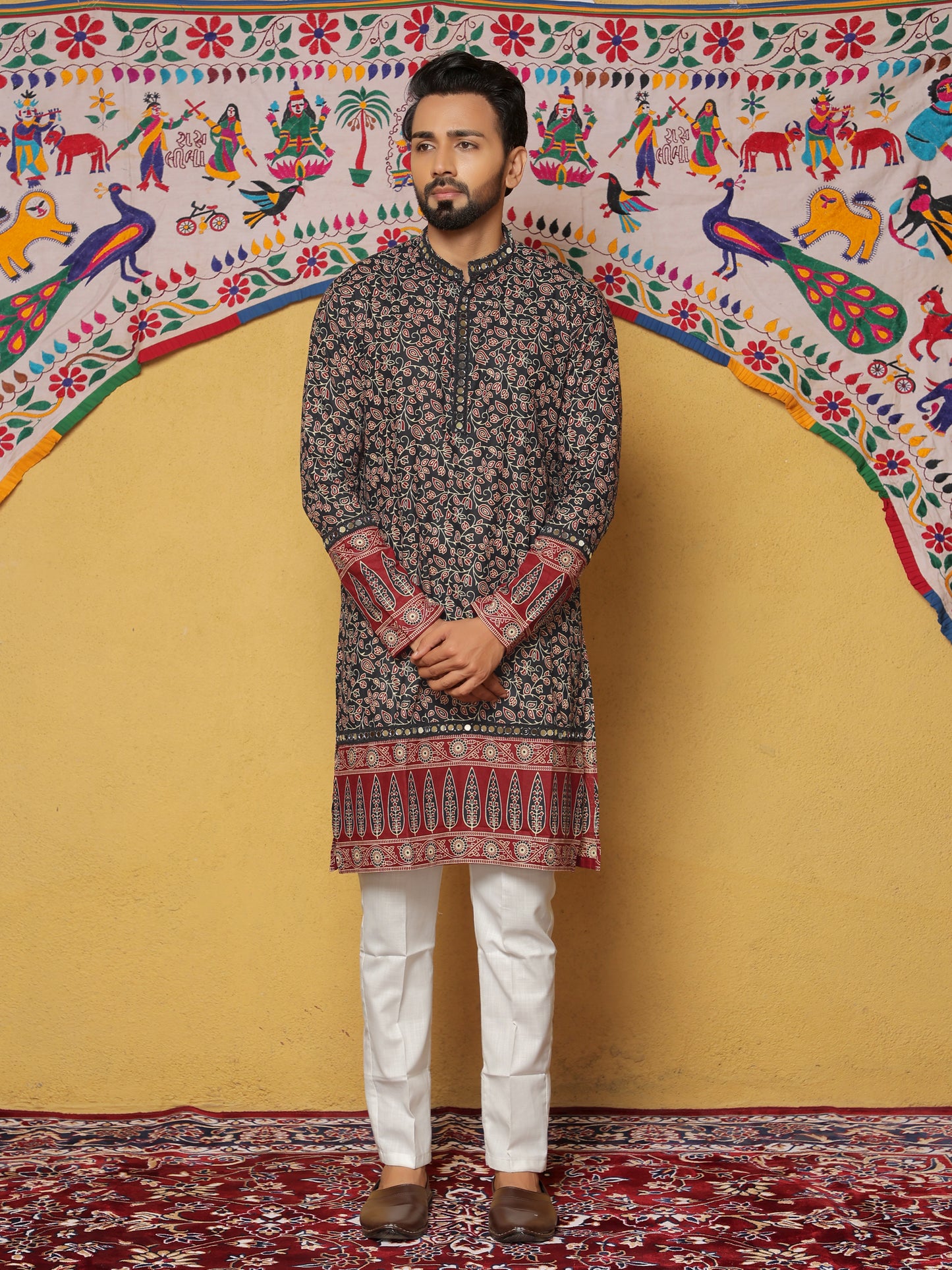 Black Block Printed Kurta with Contrasting Border