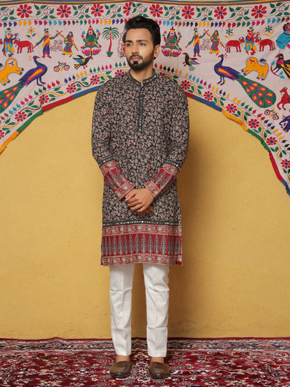 Black Block Printed Kurta with Contrasting Border