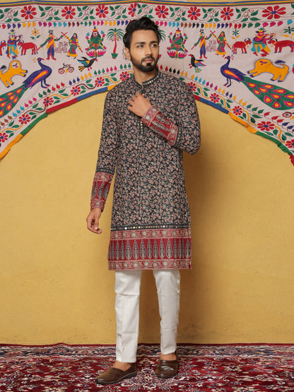 Black Block Printed Kurta with Contrasting Border
