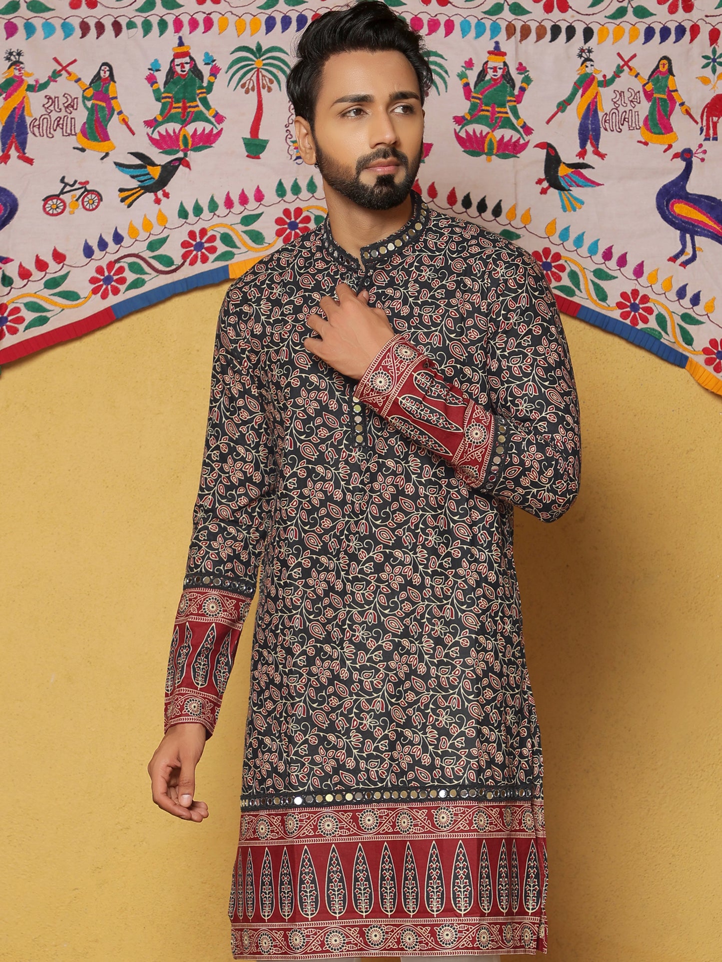 Black Block Printed Kurta with Contrasting Border