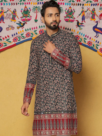 Black Block Printed Kurta with Contrasting Border