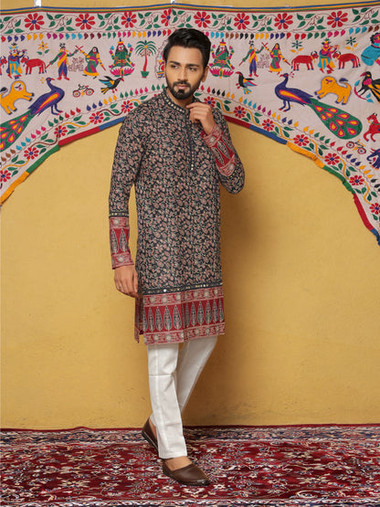 Black Block Printed Kurta with Contrasting Border