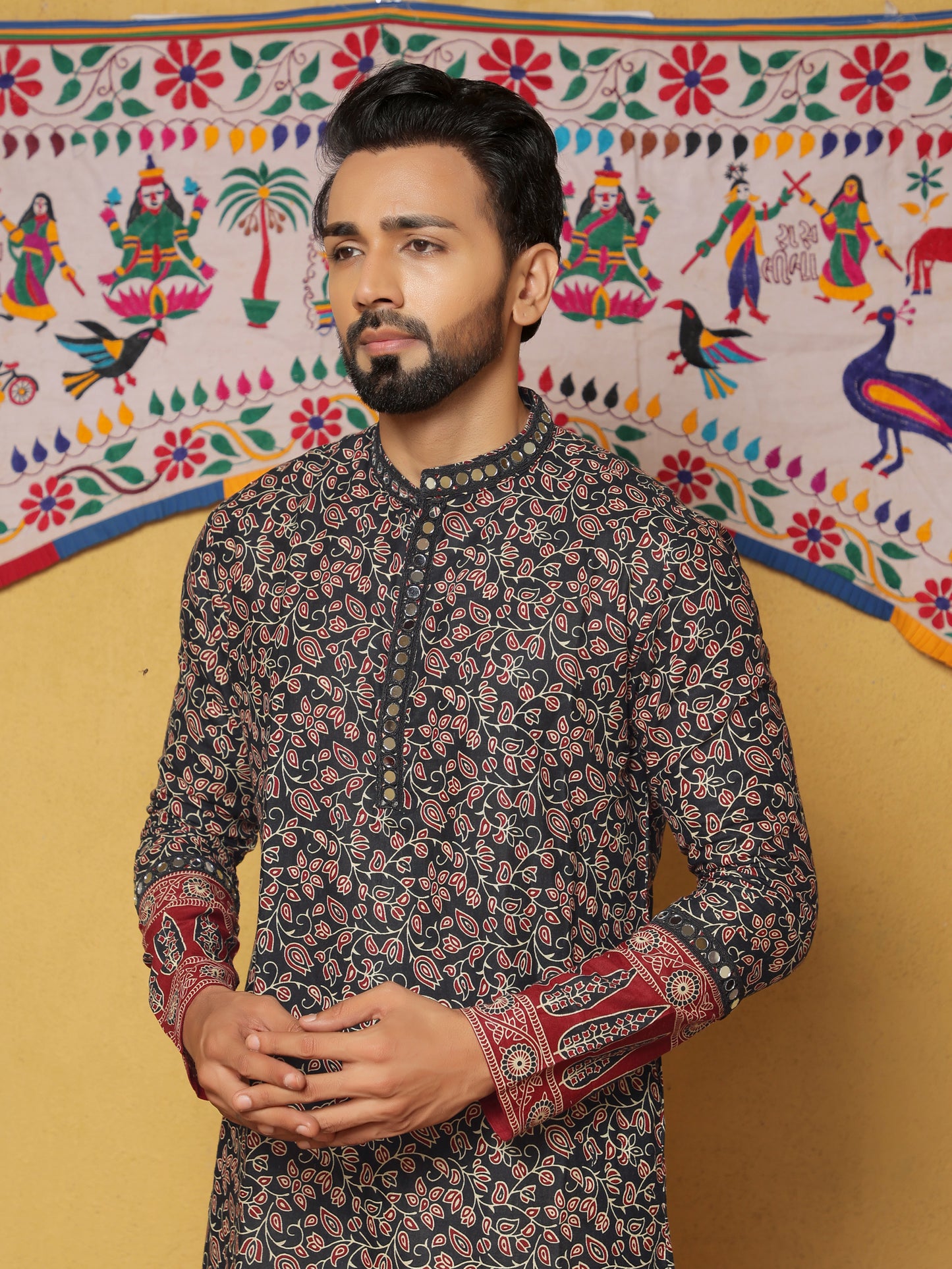 Black Block Printed Kurta with Contrasting Border