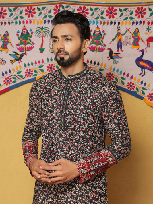 Black Block Printed Kurta with Contrasting Border