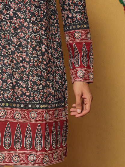 Black Block Printed Kurta with Contrasting Border