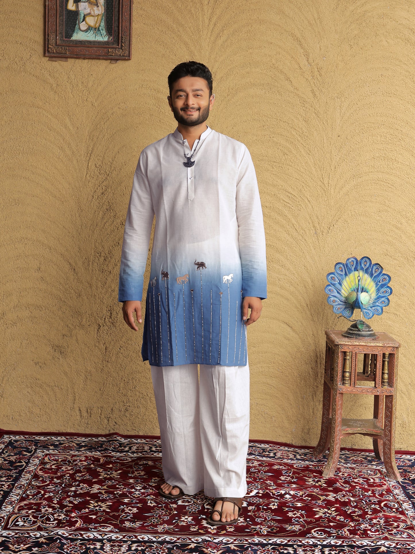Blue Ombre Ethnic Motif Printed Kurta