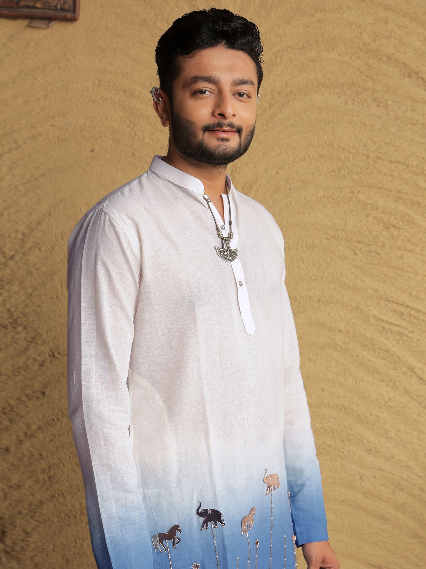 Blue Ombre Ethnic Motif Printed Kurta