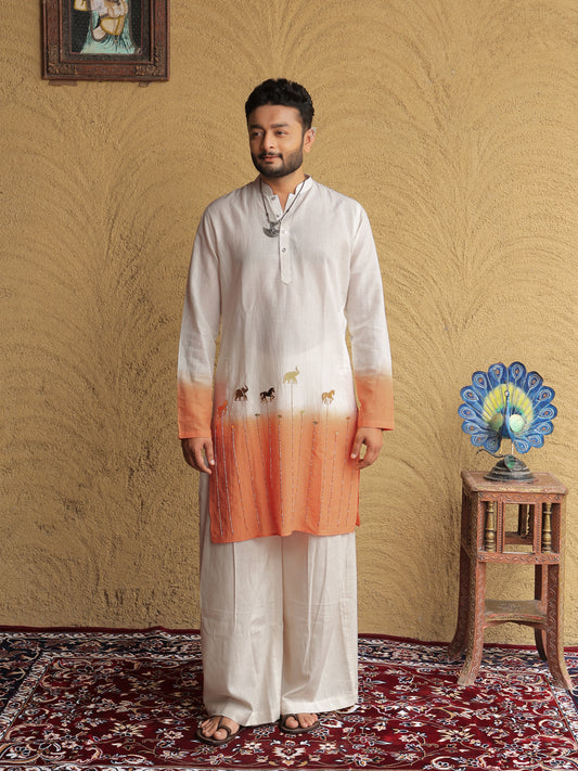 Orange Ombre Ethnic Motif Printed Kurta