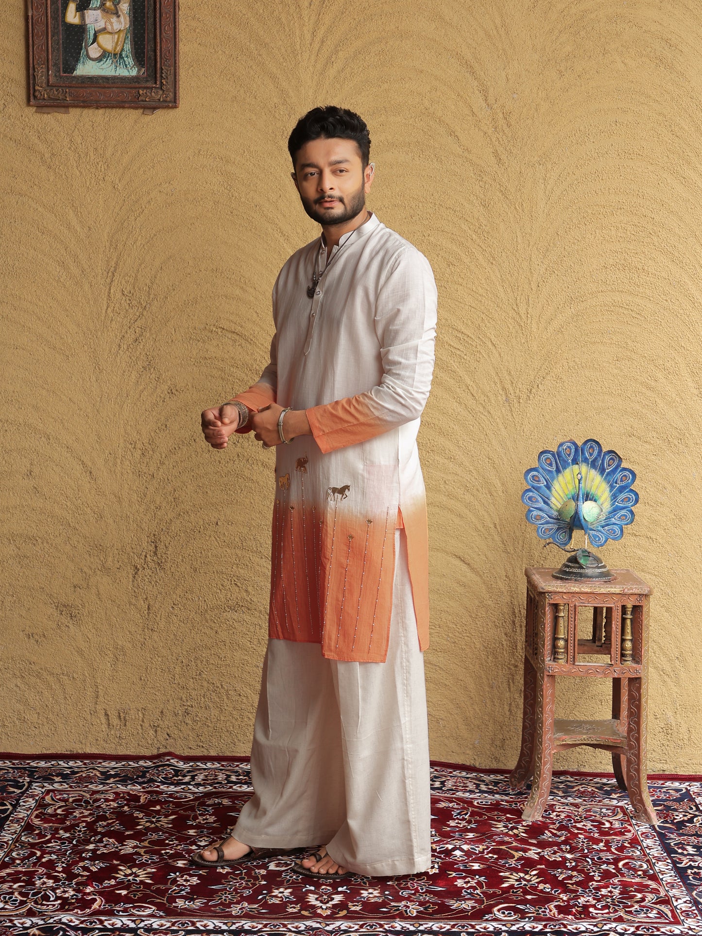 Orange Ombre Ethnic Motif Printed Kurta