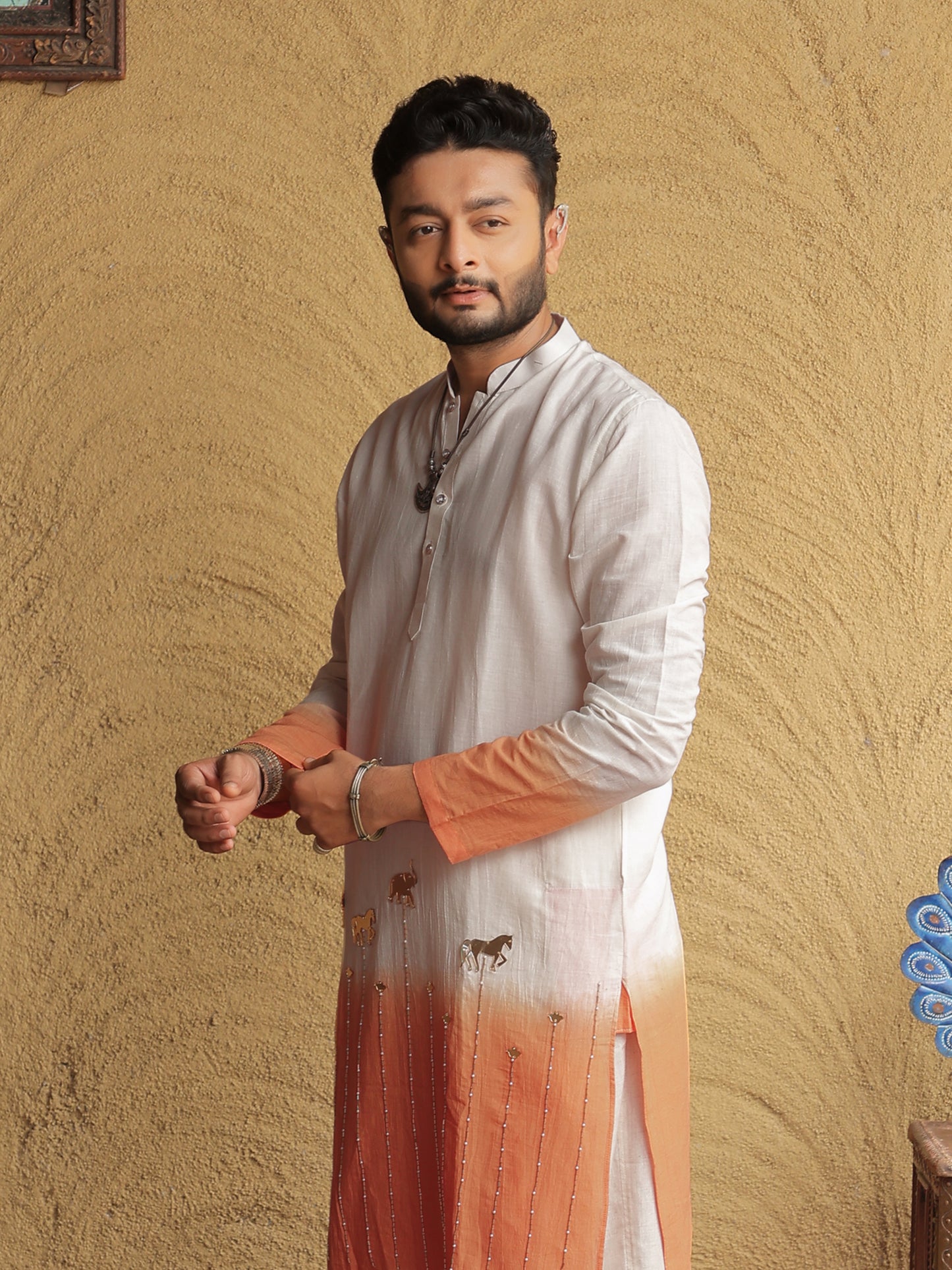Orange Ombre Ethnic Motif Printed Kurta