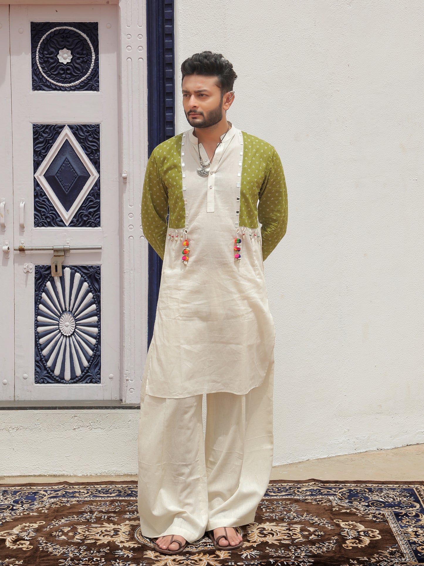 Green Printed Jacket Kurta with Tassel Detailing