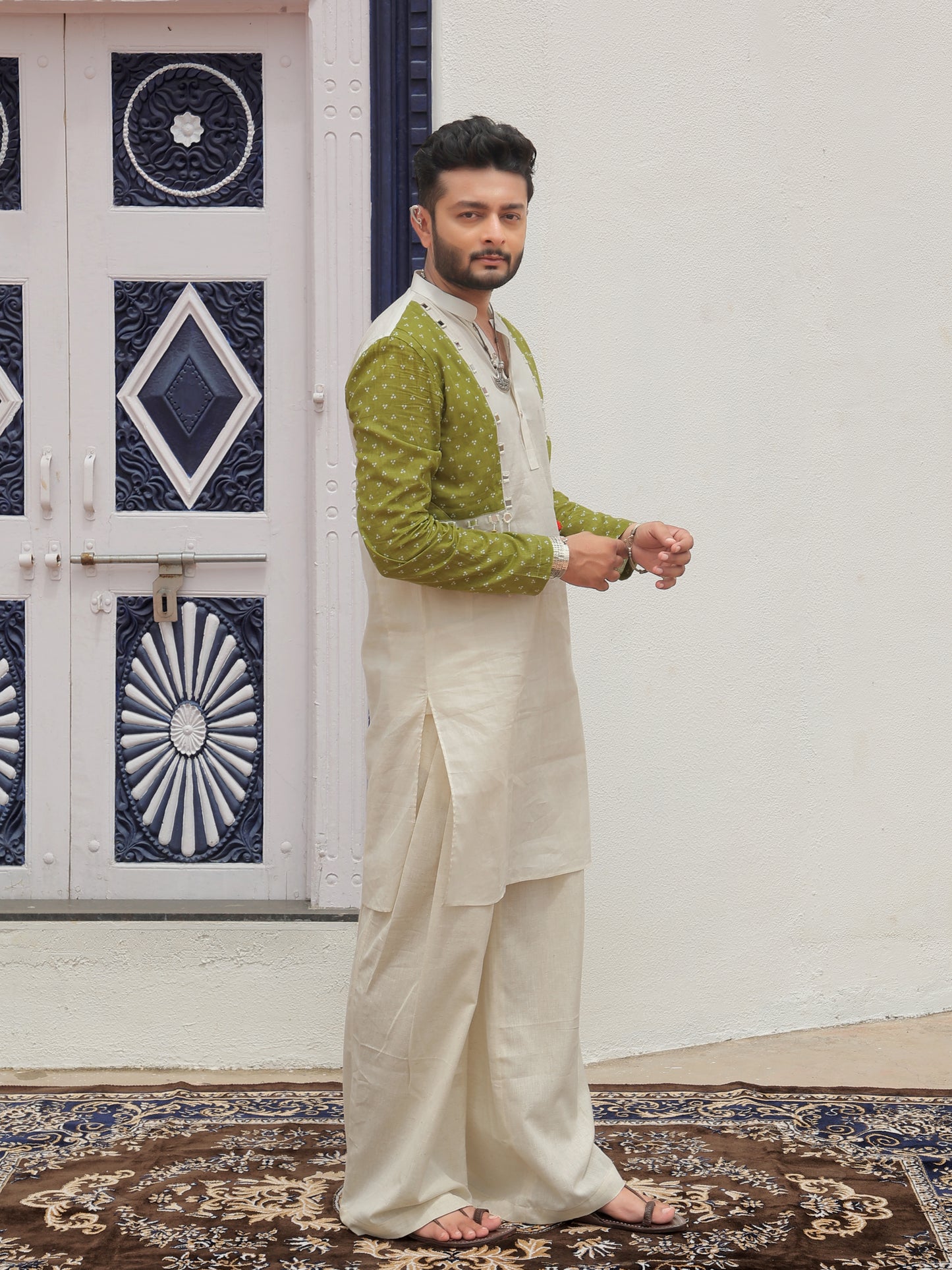 Green Printed Jacket Kurta with Tassel Detailing