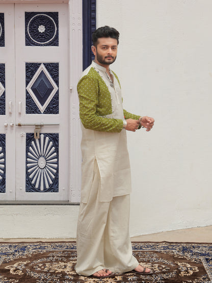 Green Printed Jacket Kurta with Tassel Detailing