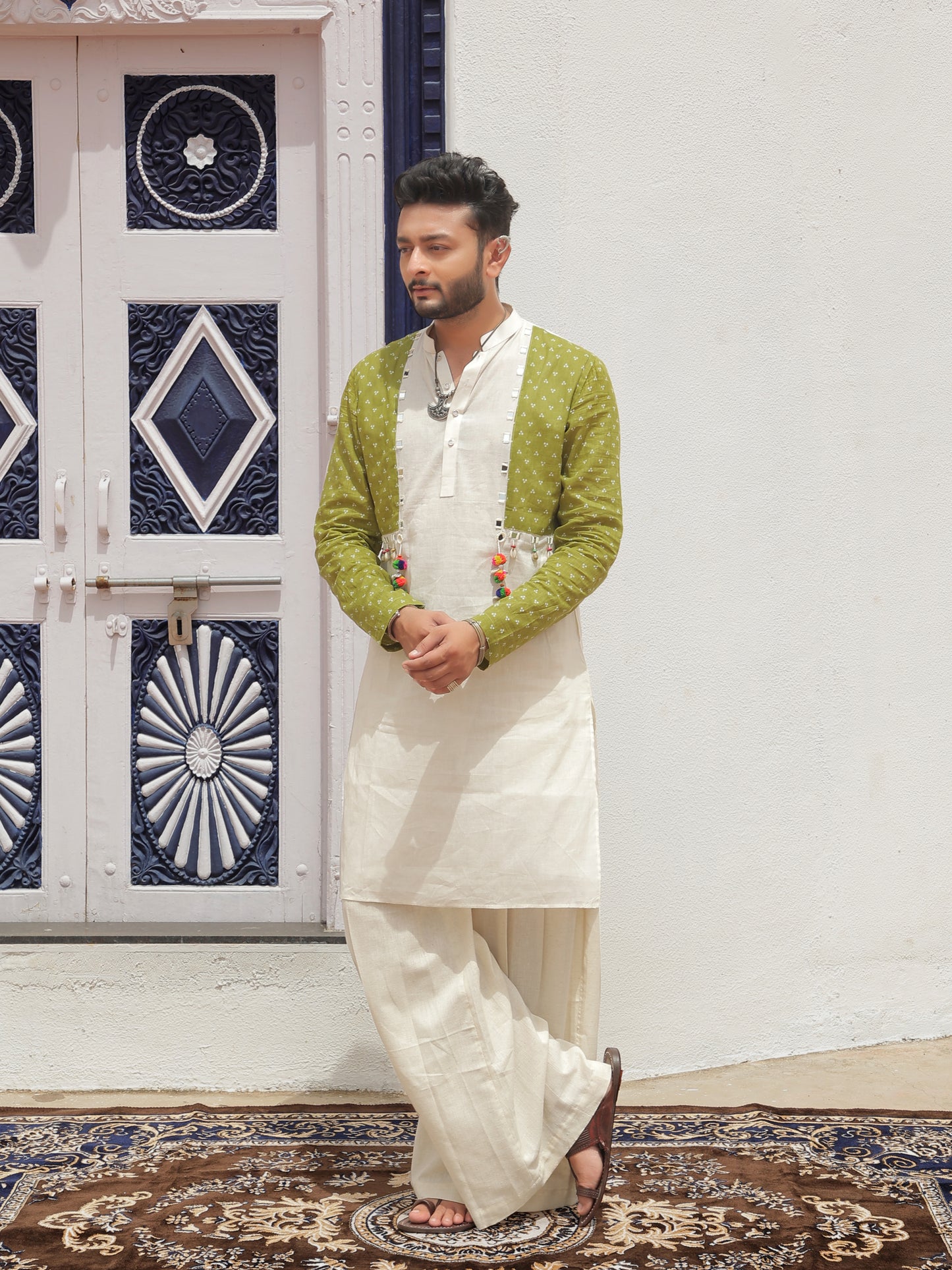Green Printed Jacket Kurta with Tassel Detailing