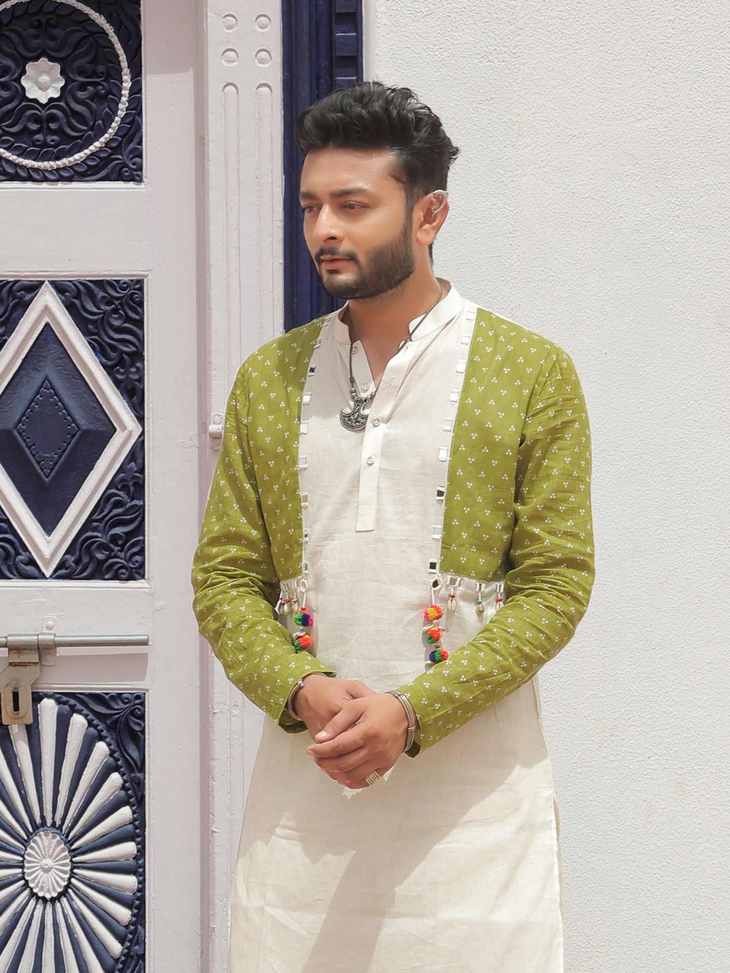 Green Printed Jacket Kurta with Tassel Detailing