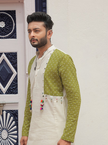 Green Printed Jacket Kurta with Tassel Detailing