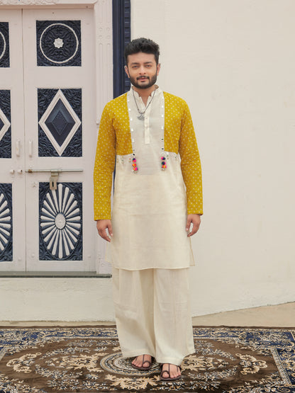 Yellow Printed Jacket Kurta with Tassel Detailing