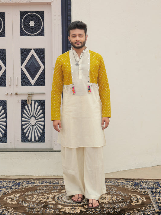 Yellow Printed Jacket Kurta with Tassel Detailing