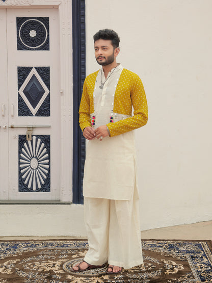 Yellow Printed Jacket Kurta with Tassel Detailing
