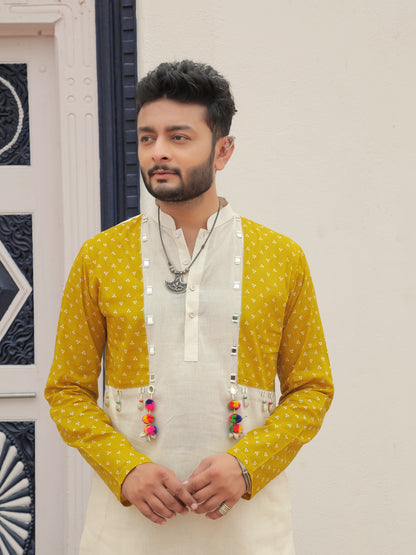 Yellow Printed Jacket Kurta with Tassel Detailing