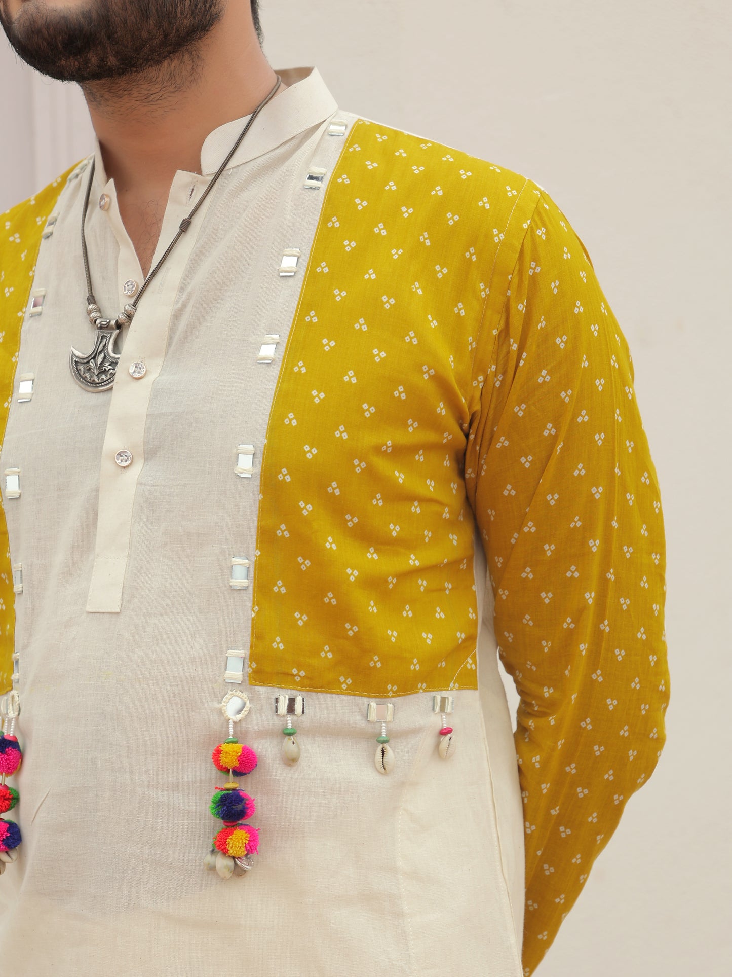 Yellow Printed Jacket Kurta with Tassel Detailing