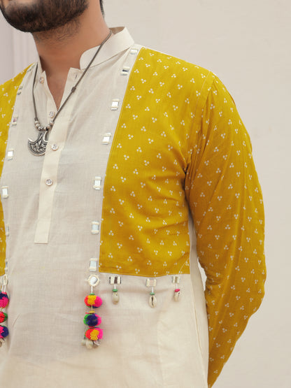 Yellow Printed Jacket Kurta with Tassel Detailing