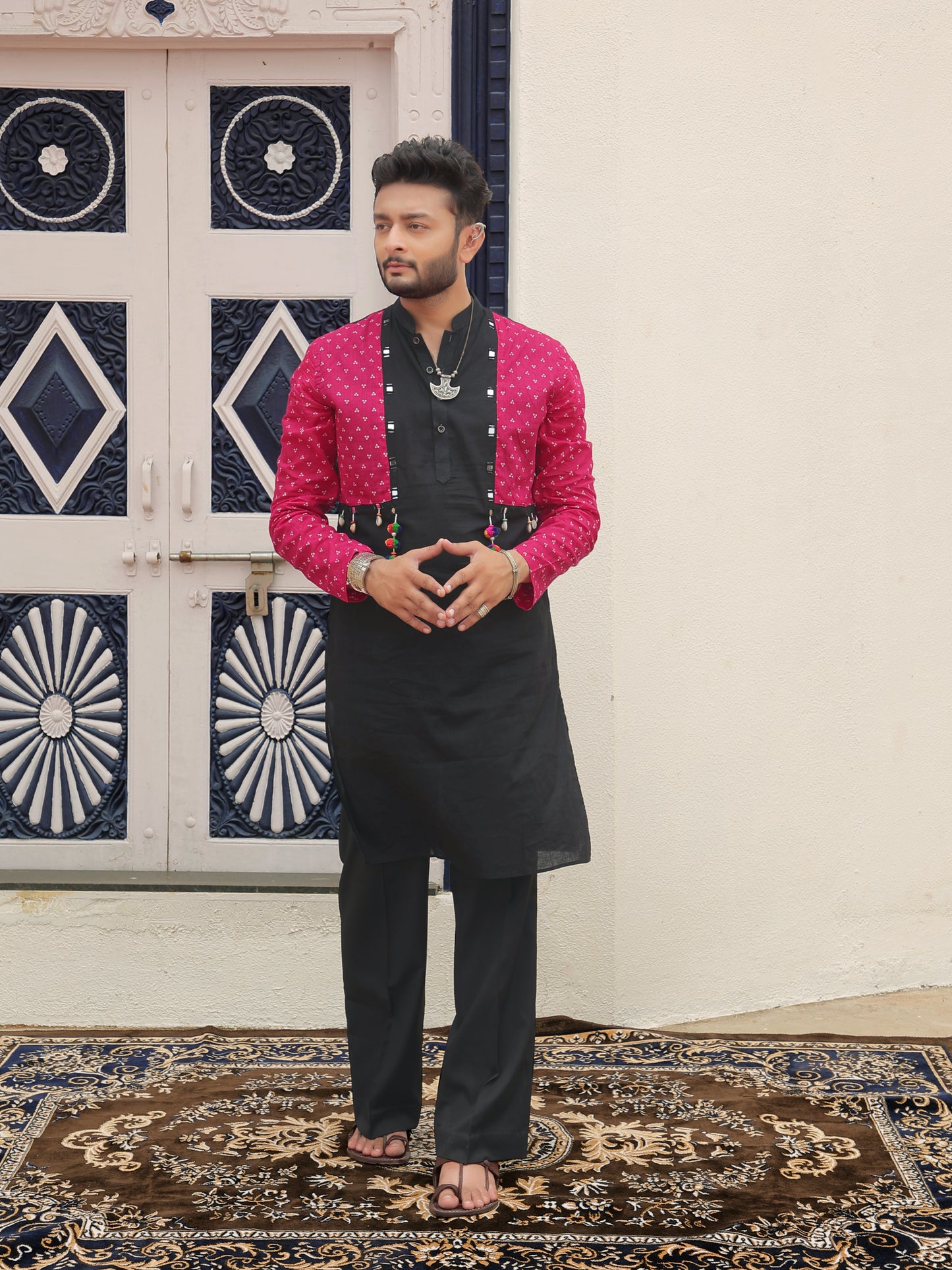 Pink Printed Jacket Kurta with Tassel Detailing