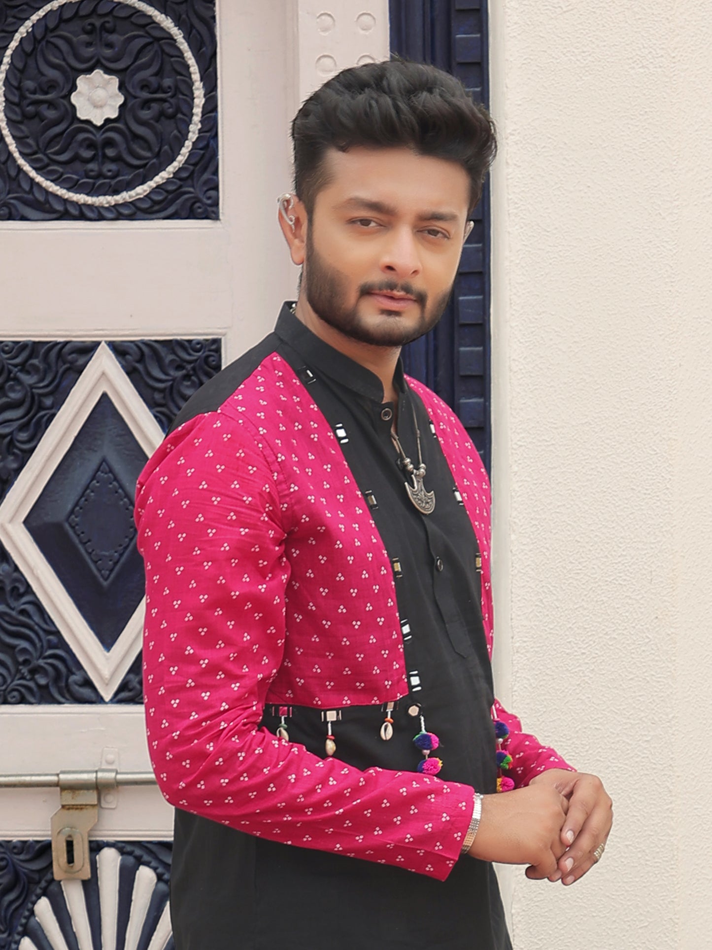 Pink Printed Jacket Kurta with Tassel Detailing