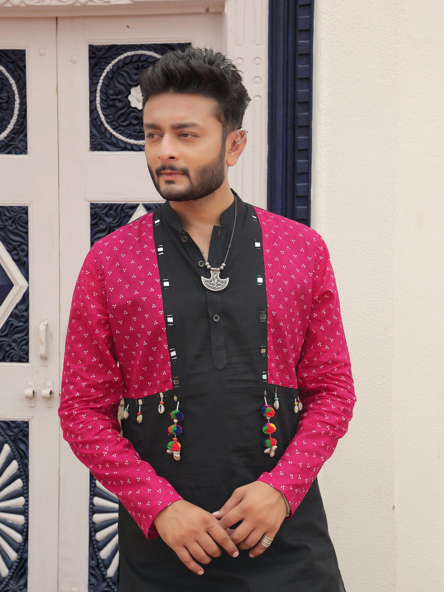 Pink Printed Jacket Kurta with Tassel Detailing