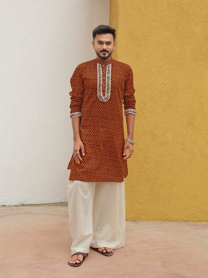Brown Embroidered All-over Printed Kurta
