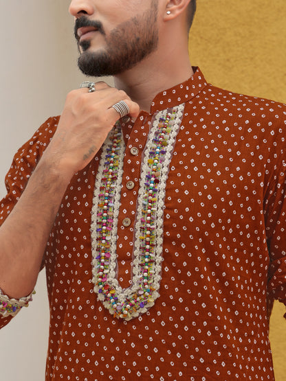 Brown Embroidered All-over Printed Kurta