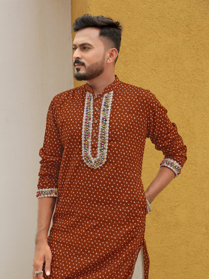 Brown Embroidered All-over Printed Kurta