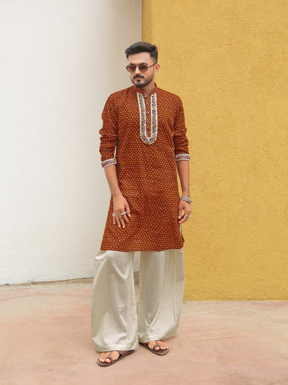 Brown Embroidered All-over Printed Kurta