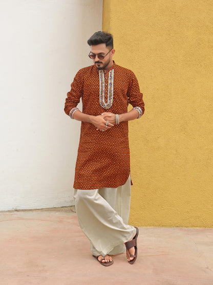 Brown Embroidered All-over Printed Kurta