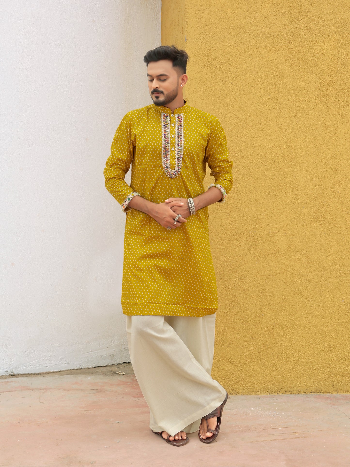Yellow Embroidered All-over Printed Kurta