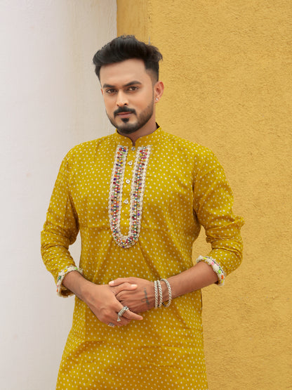 Yellow Embroidered All-over Printed Kurta