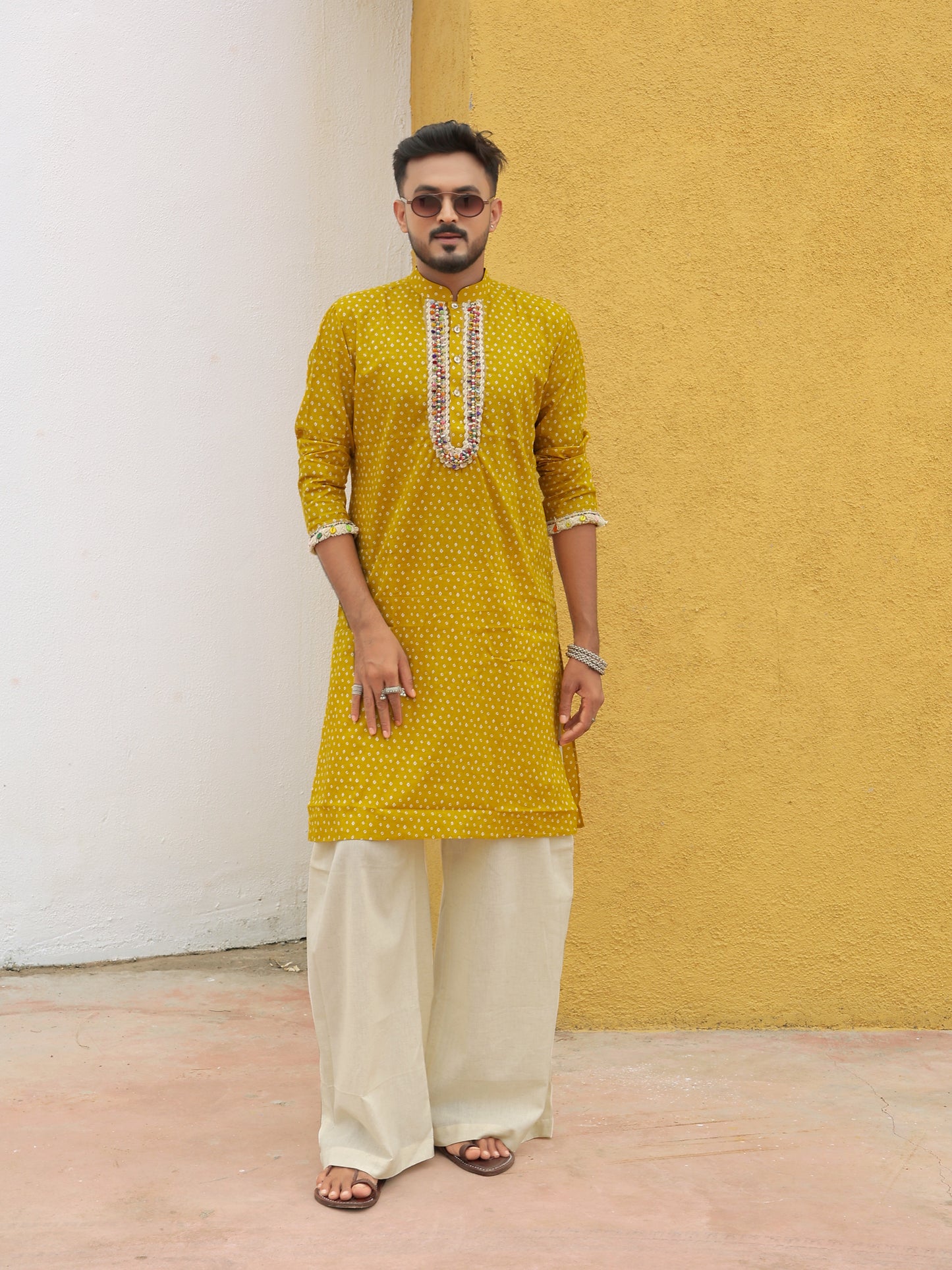 Yellow Embroidered All-over Printed Kurta