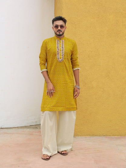 Yellow Embroidered All-over Printed Kurta