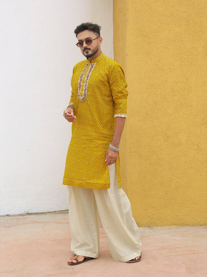Yellow Embroidered All-over Printed Kurta
