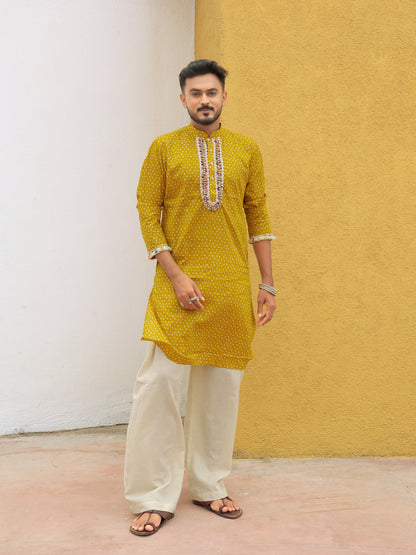 Yellow Embroidered All-over Printed Kurta