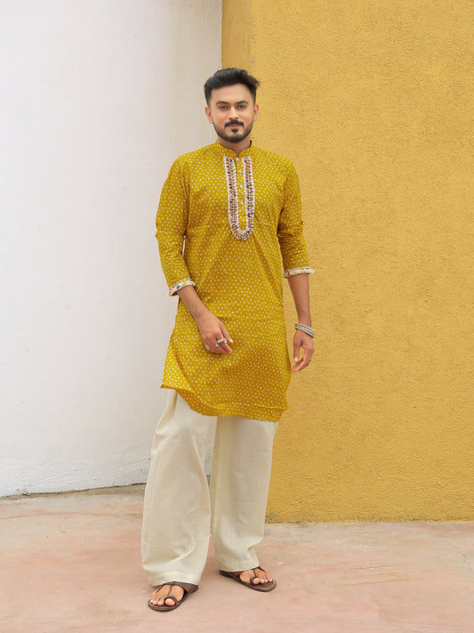 Yellow Embroidered All-over Printed Kurta