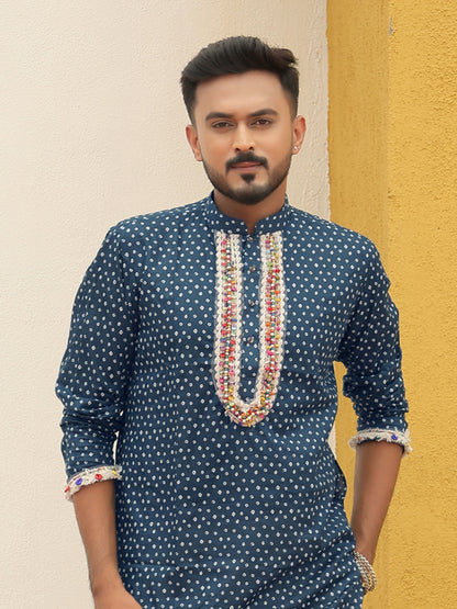 Blue Embroidered All-over Printed Kurta