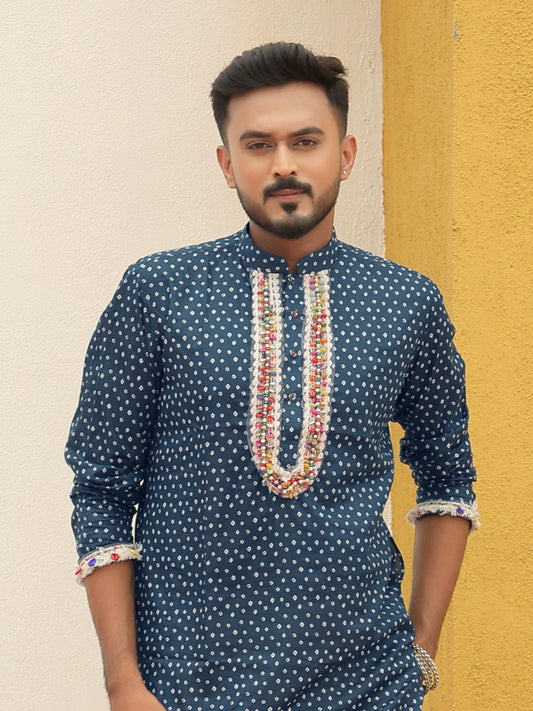 Blue Embroidered All-over Printed Kurta