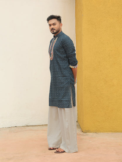 Blue Embroidered All-over Printed Kurta