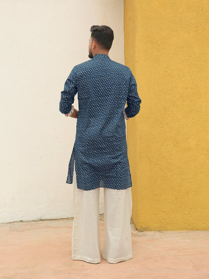 Blue Embroidered All-over Printed Kurta