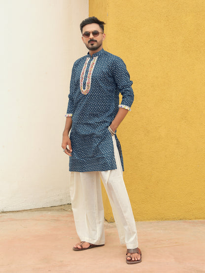 Blue Embroidered All-over Printed Kurta