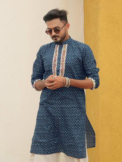 Blue Embroidered All-over Printed Kurta